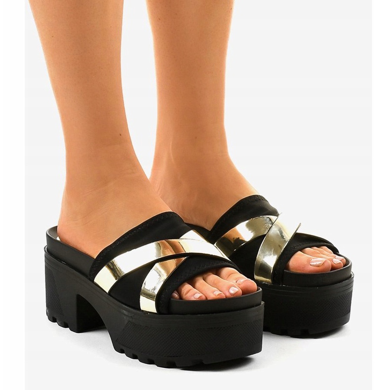 Pantuflas negras de tacón CL-3A309-42 negro amarillo 1 Pantuflas negras de tacón CL-3A309-42 negro amarillo 1