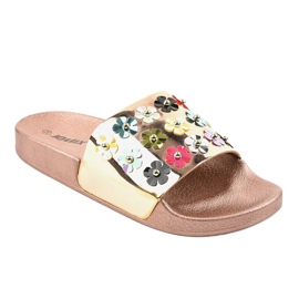 Pantuflas de oro rosa con flores D7659-2 rosado amarillo 1