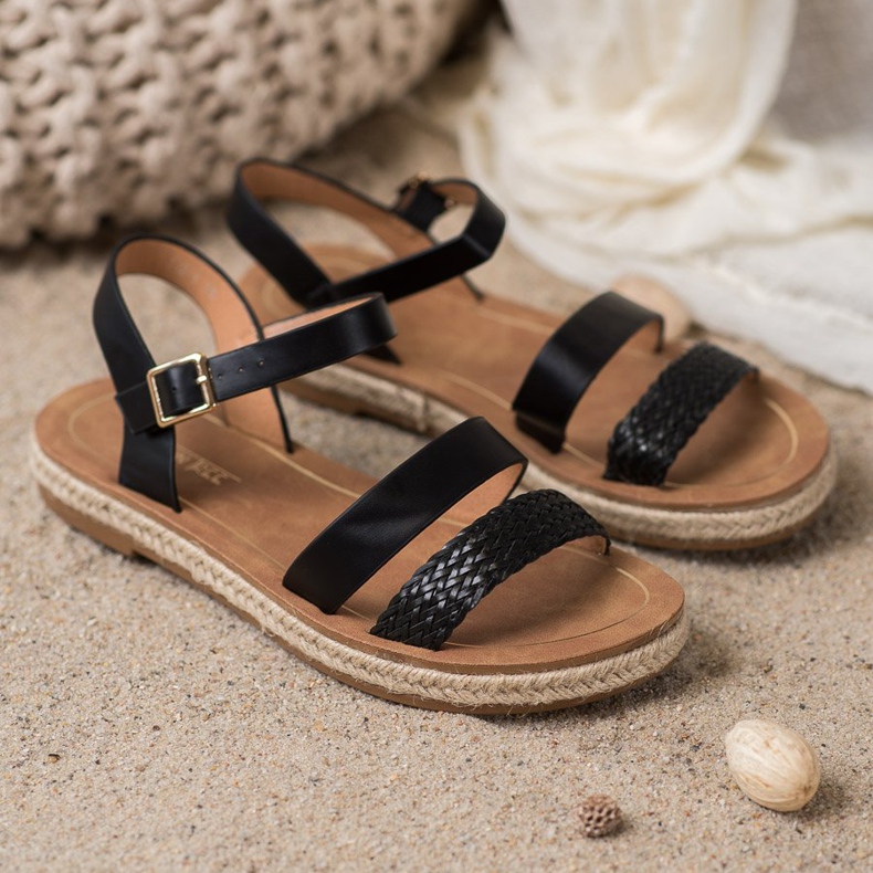 SHELOVET Sandalias de cuero ecológico trenzado negro 2
