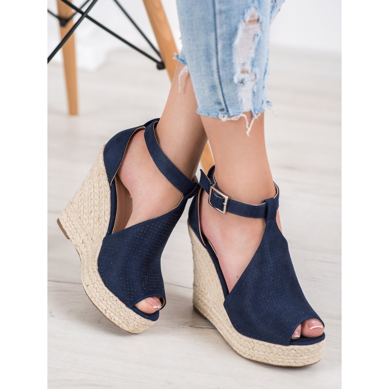 SHELOVET Sandalias de cuña caladas azul 2