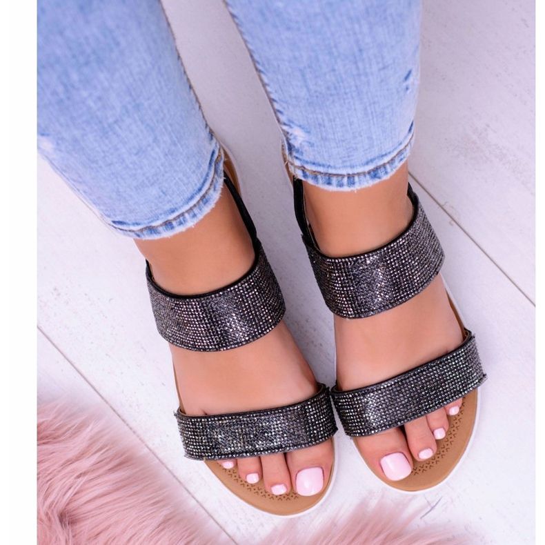 Sandalias negras de mujer Lu Boo con circonita cúbica perfecta negro 2