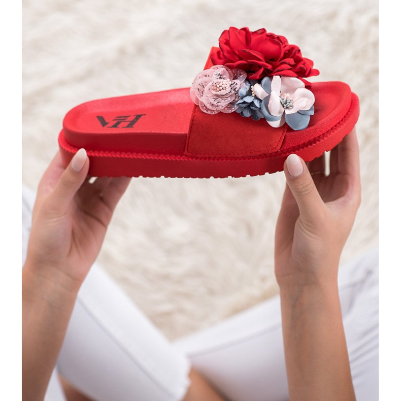 SHELOVET Pantuflas de Ante con Flores rojo 1
