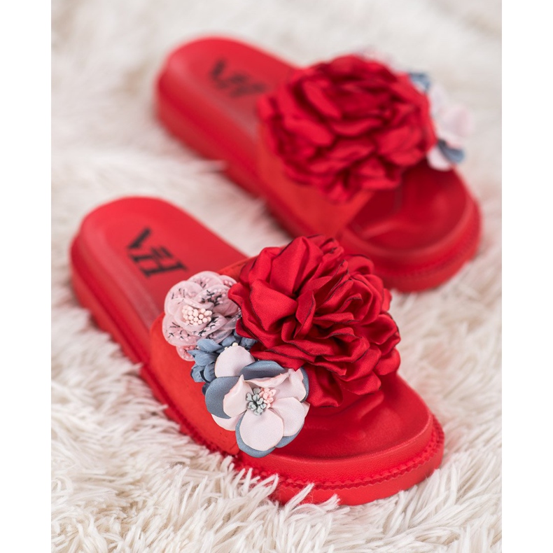 SHELOVET Pantuflas de Ante con Flores rojo 2