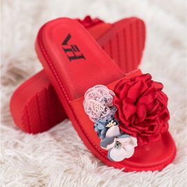 SHELOVET Pantuflas de Ante con Flores rojo 3