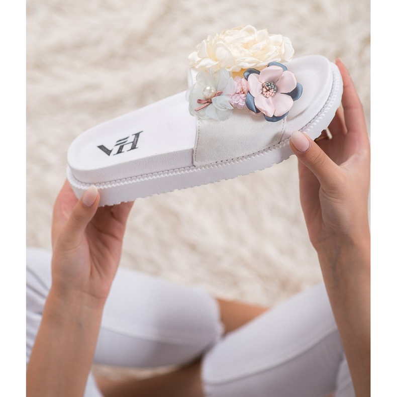 SHELOVET Pantuflas de Ante con Flores blanco 1