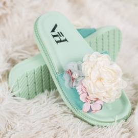 SHELOVET Pantuflas de Ante con Flores verde 3