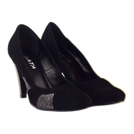 Edeo Bombas de cuero negro para mujeres con hilo plateado 5