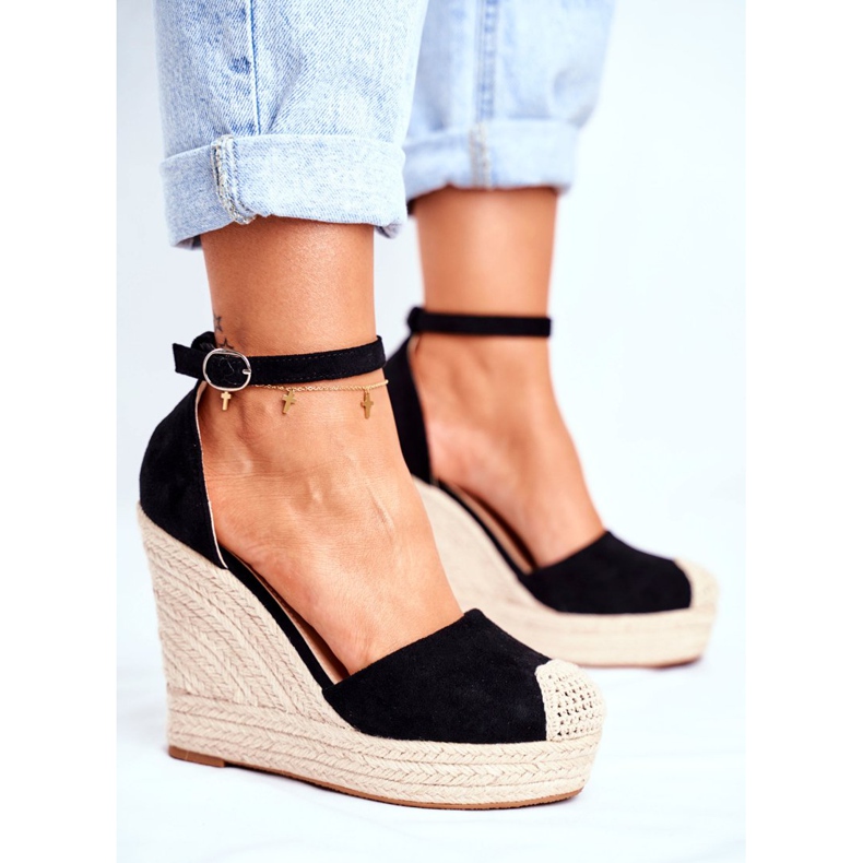 MSMG Sandalias de mujer en una cuña de lino negro aguacate 2