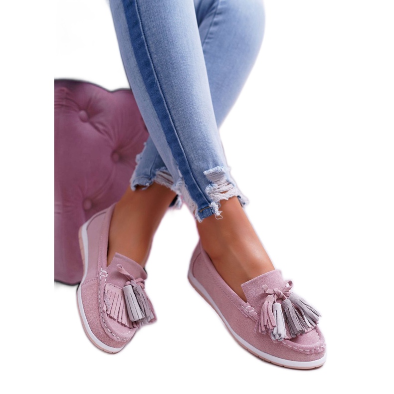 EVE Mocasines de mujer, ante con flecos, batista rosa rosado 2