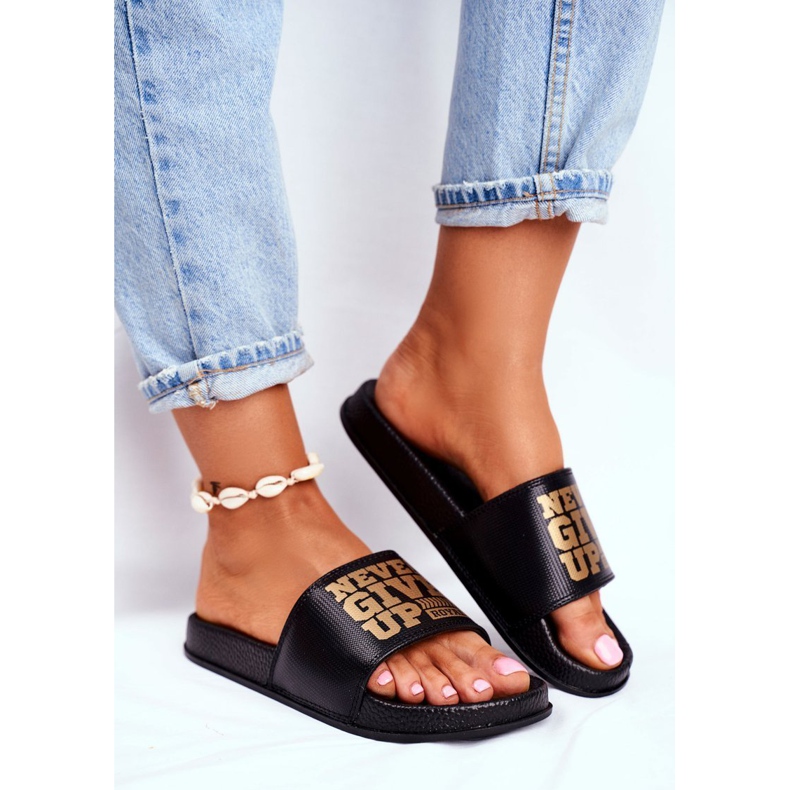 ADY Pantuflas de Mujer Never Give Up Gold Black negro amarillo 1 ADY Pantuflas de Mujer Never Give Up Gold Black negro amarillo 1