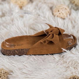 SHELOVET Pantuflas de ante con lazo marrón 1