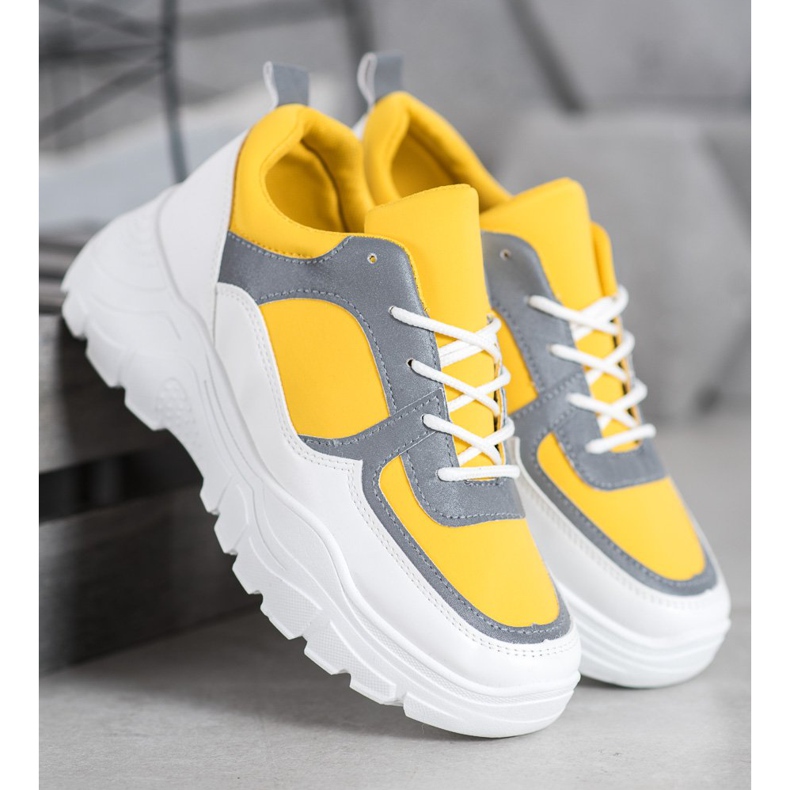 SHELOVET Zapatillas de deporte con cordones de moda blanco amarillo 1