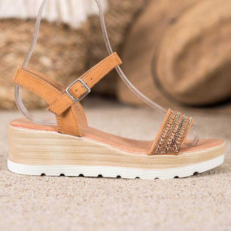 Renda Sandalias de cuña con cristales marrón 1