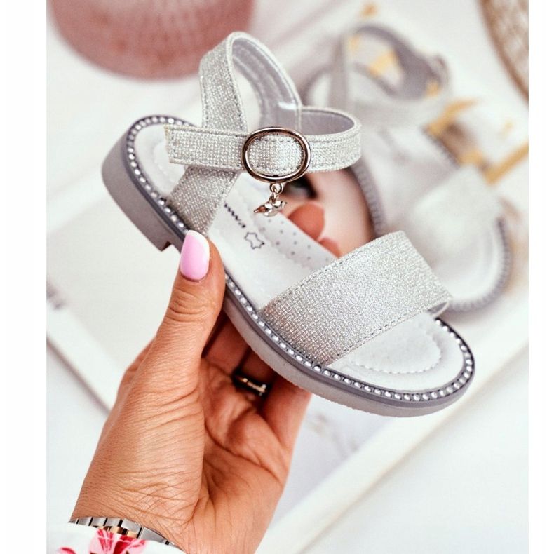 Apawwa Sandalias Infantiles con Velcro Brocado Plateado Verden gris 1