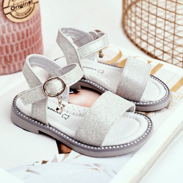 Apawwa Sandalias Infantiles con Velcro Brocado Plateado Verden gris 2