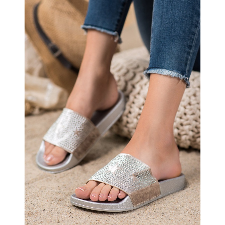 SHELOVET Pantuflas de Terciopelo con Estrellas gris 1