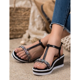 SHELOVET Cuñas elegantes con cuero ecológico negro 5