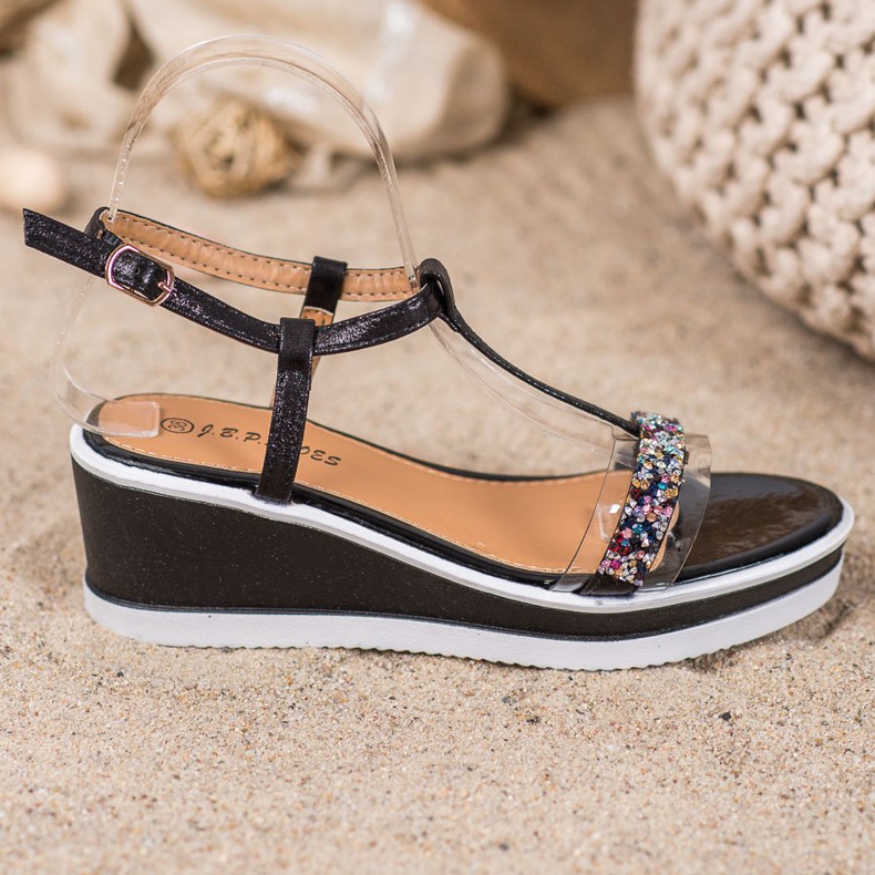 SHELOVET Cuñas elegantes con cuero ecológico negro 2