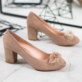 SHELOVET Zapatos de tacón de ante con pelo marrón 2
