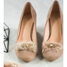 SHELOVET Zapatos de tacón de ante con pelo marrón 1