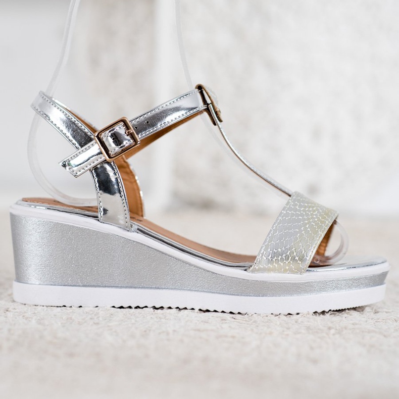 SHELOVET Cuñas plateadas con cuero ecológico gris 2