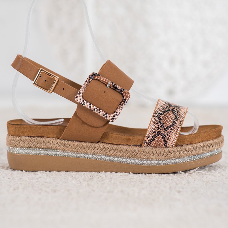 SHELOVET Sandalias en la plataforma con estampado de serpiente marrón 2