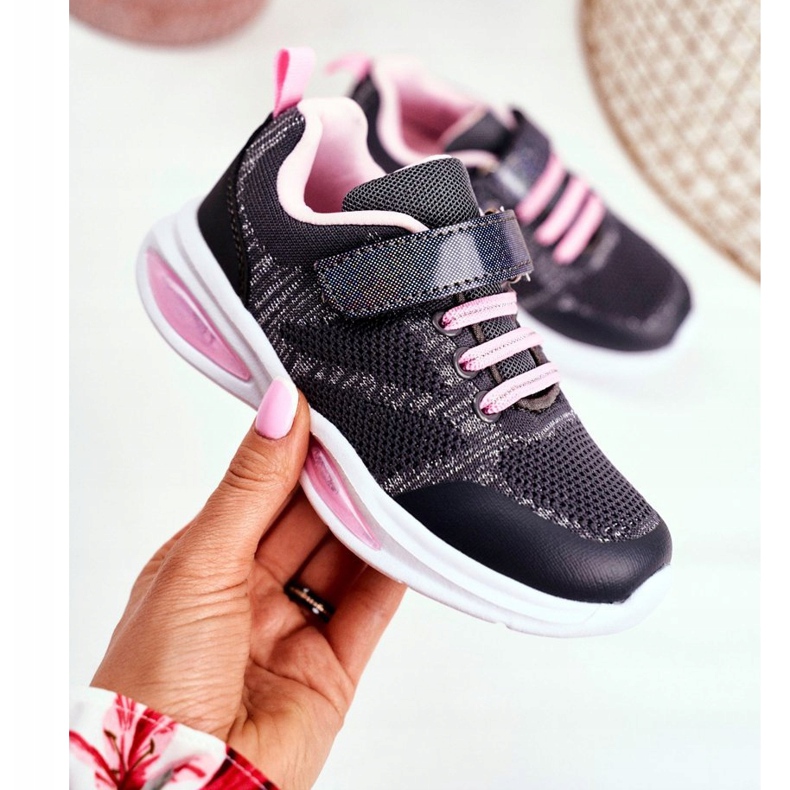 EVE Zapatos deportivos para niños que brillan en velcro gris de manera simple rosado 2 EVE Zapatos deportivos para niños que brillan en velcro gris de manera simple rosado 2