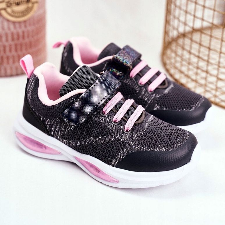 EVE Zapatos deportivos para niños que brillan en velcro gris de manera simple rosa 1