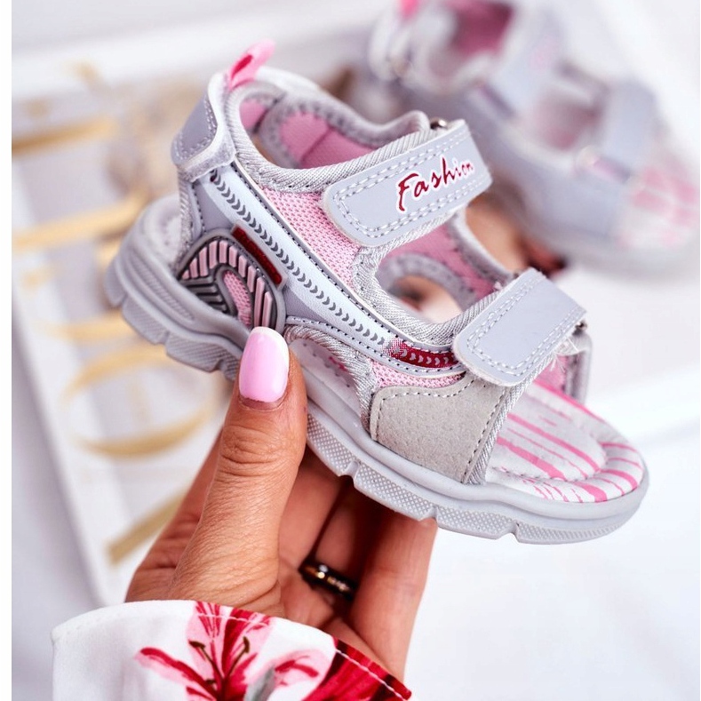 PL1 Sandalias Infantiles con Velcro Gris Grobino rosado 1