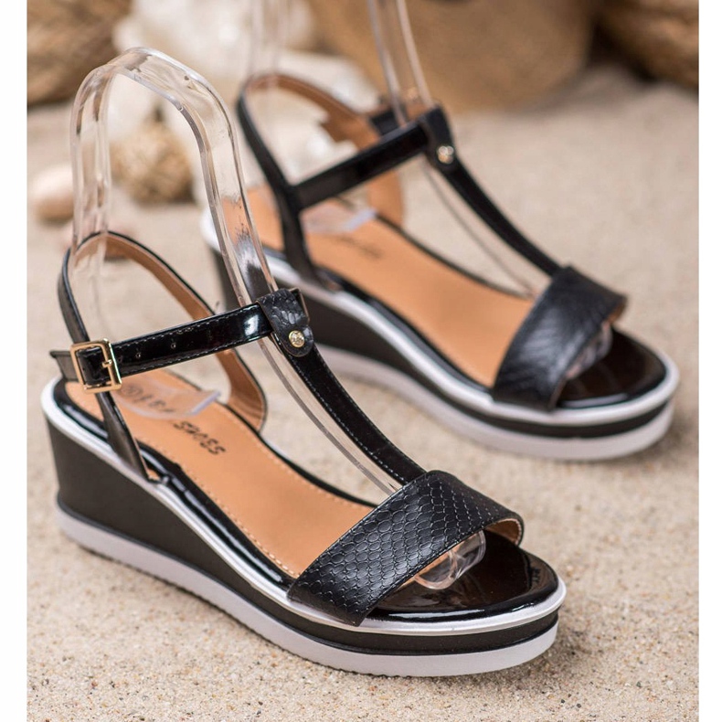 SHELOVET Cuñas Negras Con Cuero Ecológico negro 1