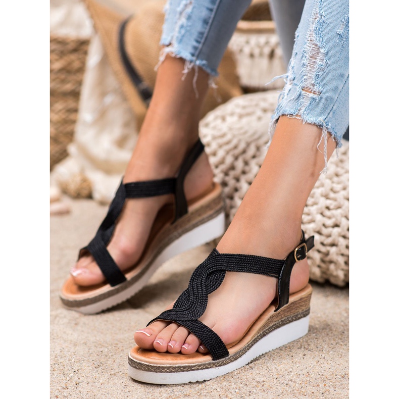 Diamantique Sandalias de cuña textil negro 1