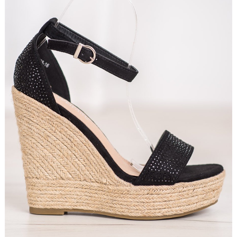 SHELOVET Sandalias de cuña con cristales negro 2