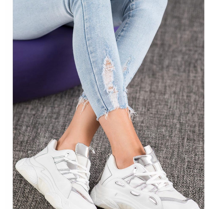 SHELOVET Zapatillas de cuero ecológico blancas blanco gris 1