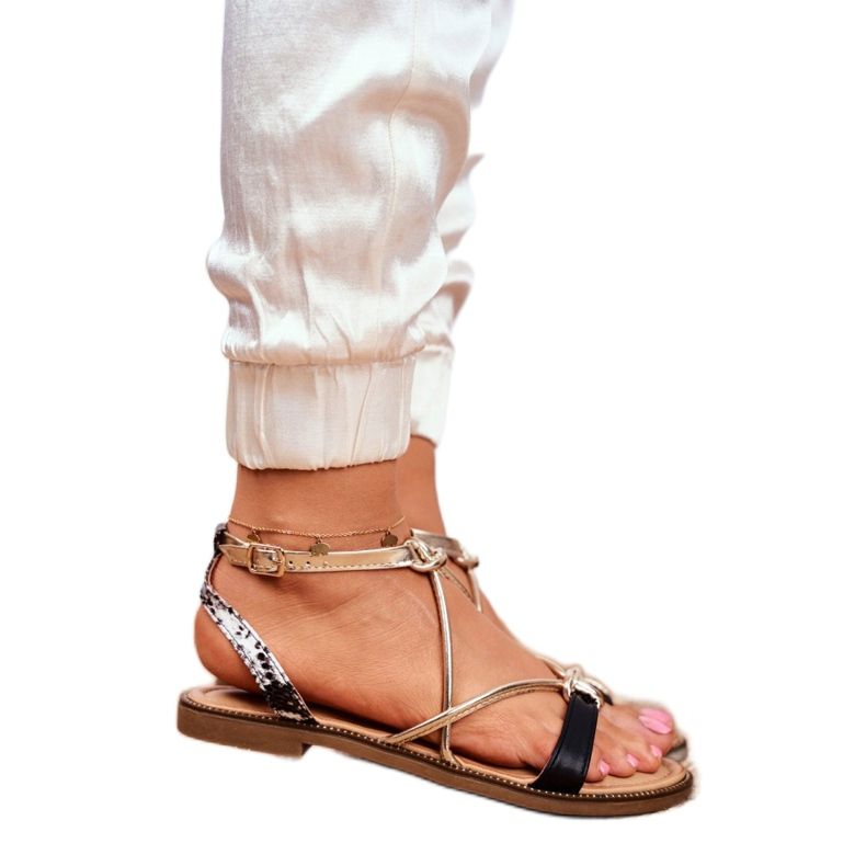 S.Barski Sandalias Mujer Planas Negras y Doradas Barski Samim negro amarillo 2