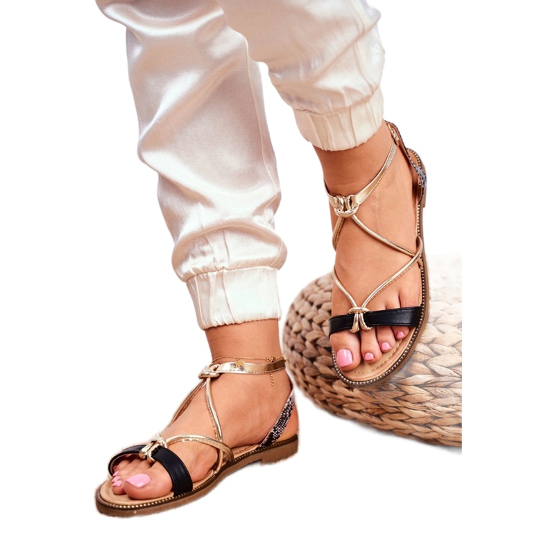 S.Barski Sandalias Mujer Planas Negras y Doradas Barski Samim negro amarillo 3