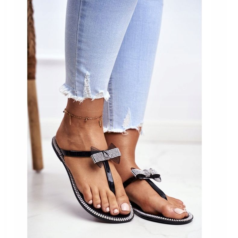 LU BOO Pantuflas De Goma De Mujer Chanclas Negras Rhinestones Lou negro 1