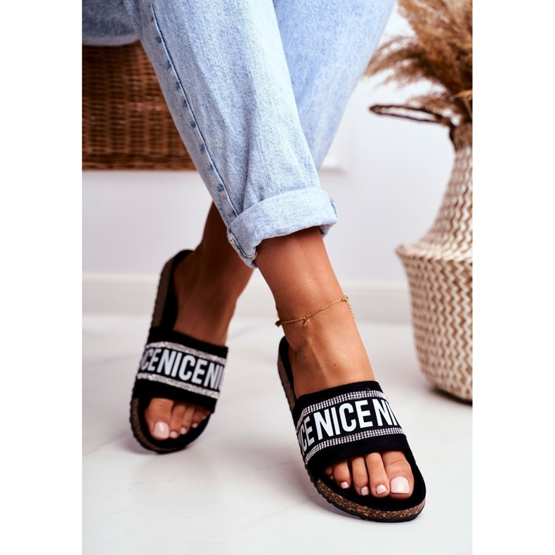 EVE Pantuflas de mujer negras en corcho con pedrería BeNice negro 1