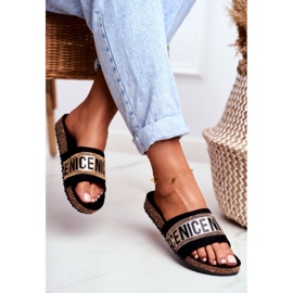 EVE Pantuflas Mujer Negras Sobre Corcho BeNice Pedrería Dorada negro amarillo 2