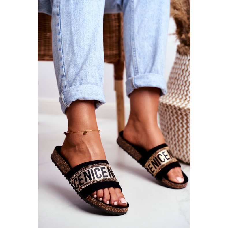 EVE Pantuflas Mujer Negras Sobre Corcho BeNice Pedrería Dorada negro amarillo 1