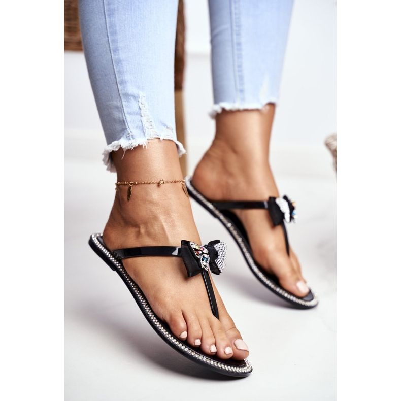 LU BOO Pantuflas de Goma para Mujer Chanclas Negras Lissy Rhinestones negro 1