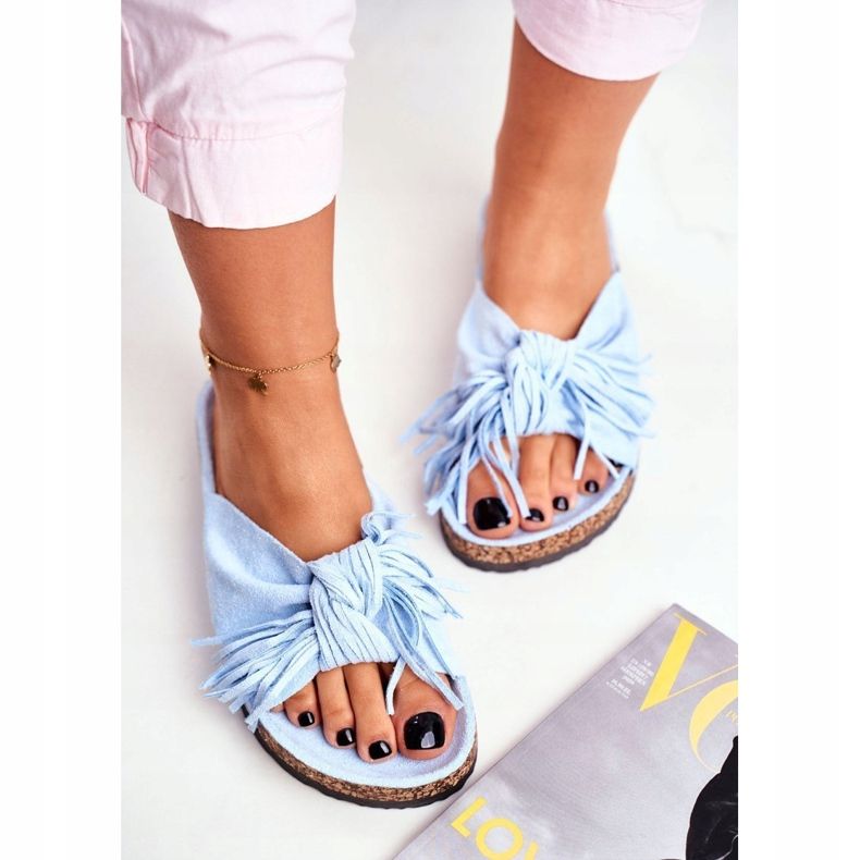 BUGO Zapatillas de mujer azules en corcho con flecos Marina 1