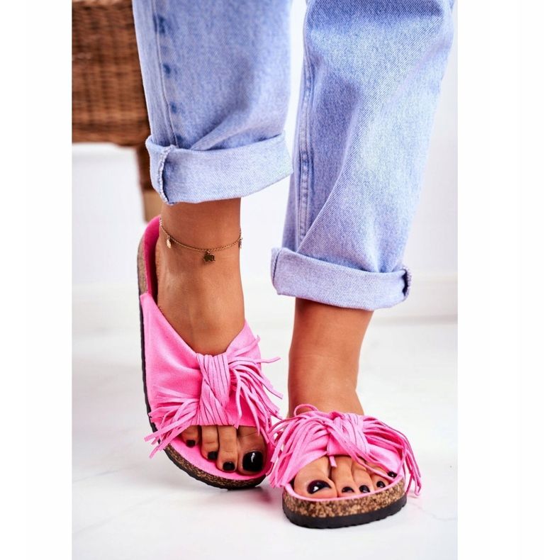 BUGO Chanclas rosa fluo para mujer con flecos de corcho Marina rosado 2