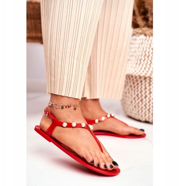 LU BOO Sandalias Goma Mujer Chanclas Rojas Perlas Denise rojo 1