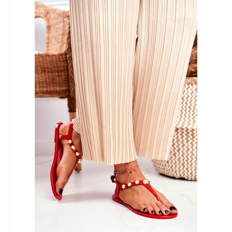 LU BOO Sandalias Goma Mujer Chanclas Rojas Perlas Denise rojo 2