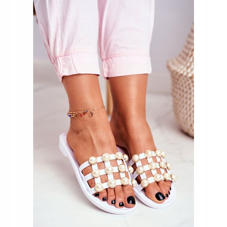LU BOO Pantuflas de Goma Mujer Blancas Estelle Perlas blanco 2