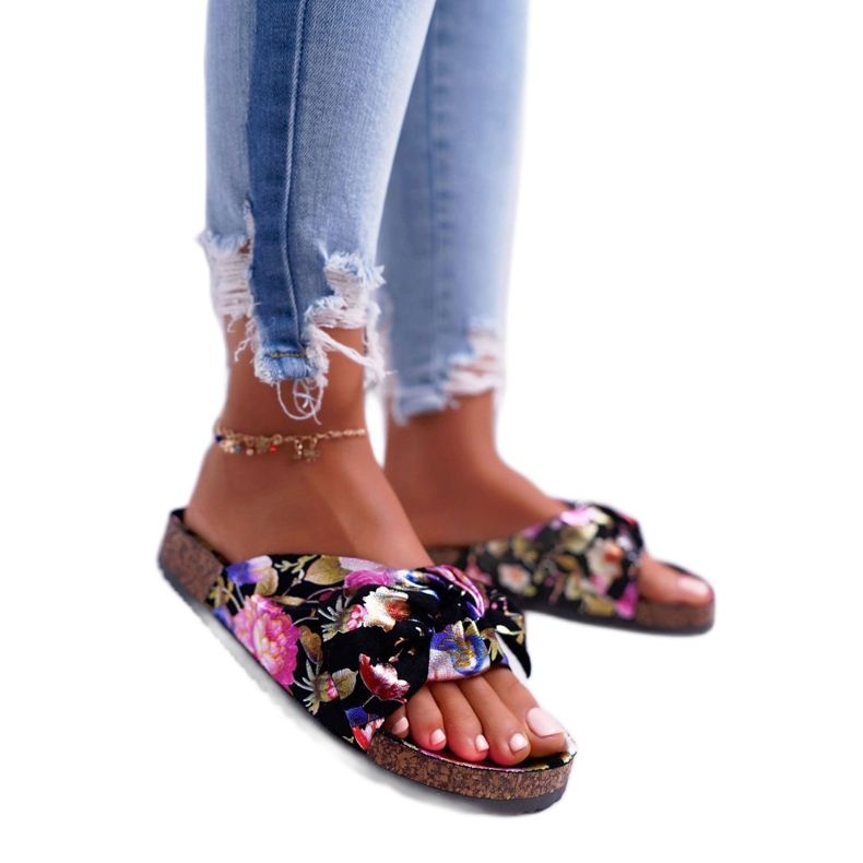 SEA Pantuflas negras de mujer con flores de corcho Wendy's Bow negro púrpura rosa dorado 1