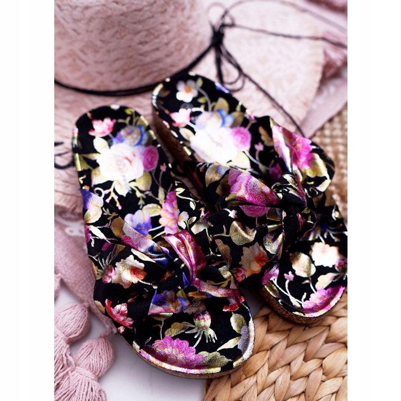 SEA Pantuflas negras de mujer con flores de corcho Wendy's Bow negro púrpura rosado dorado 3