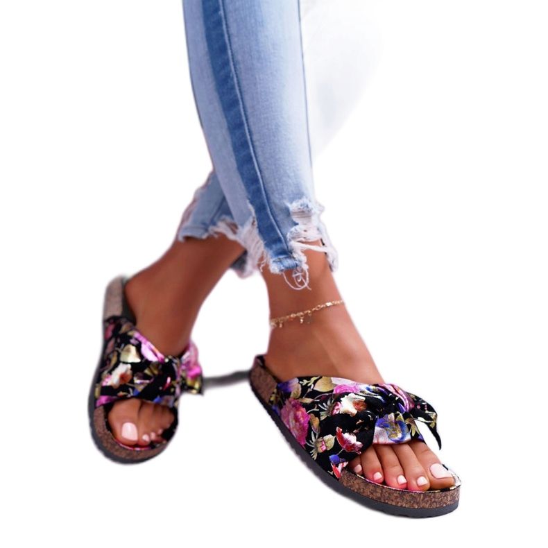 SEA Pantuflas negras de mujer con flores de corcho Wendy's Bow negro púrpura rosa dorado 2