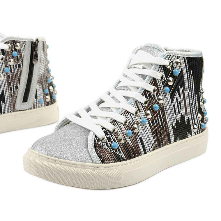 Zapatillas altas plateadas ricamente decoradas D17-27027 plata gris multicolor 1