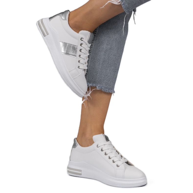 Zapatillas blancas de moda con cuero ecológico C912 blanco plata gris 1